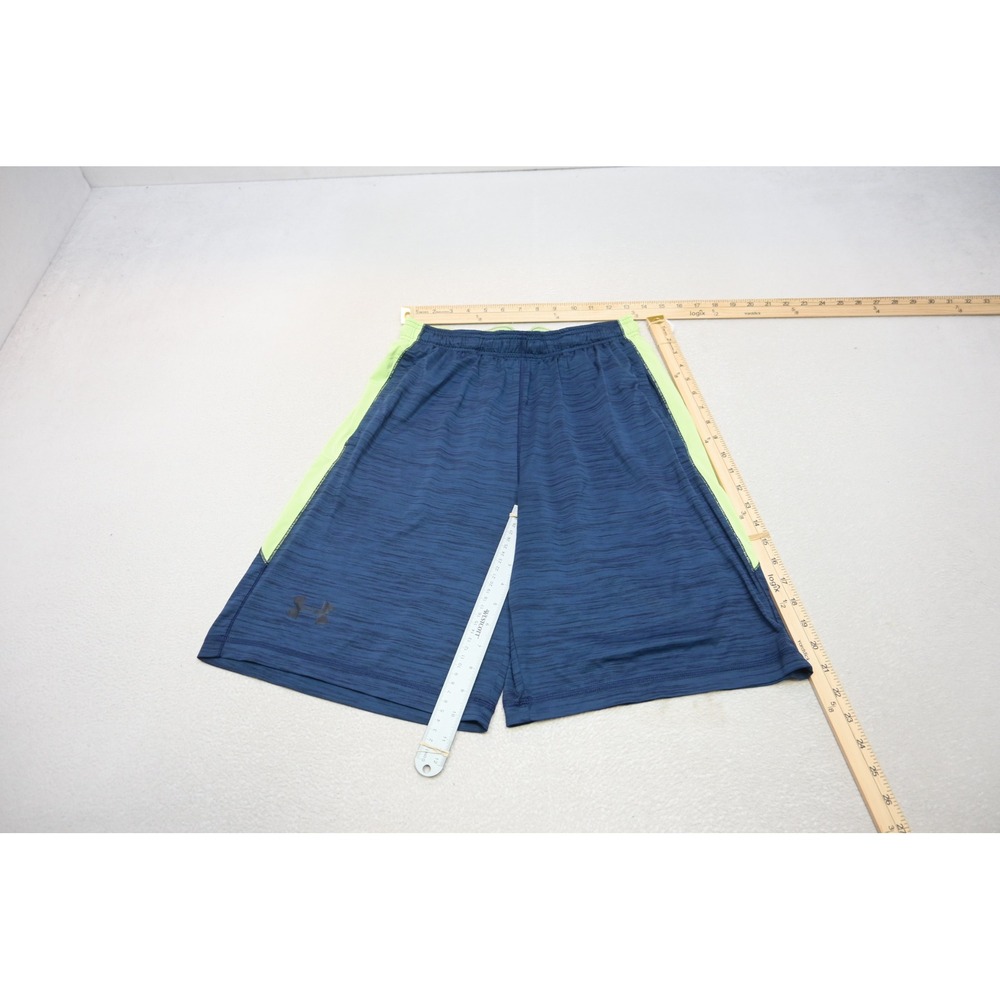 Under Armour Gym Shorts Mens Medium Blue Lime Green HeatGear Athletic Loose EUC
